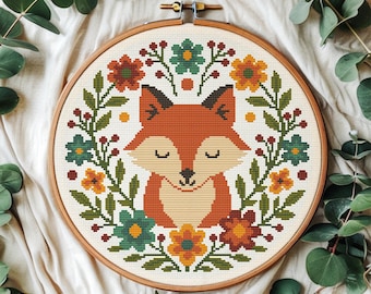 Patrón de punto de cruz de zorro floral: adorable diseño de bordado de animales del bosque, decoración otoñal para habitación infantil o regalo. Descarga instantánea en PDF.