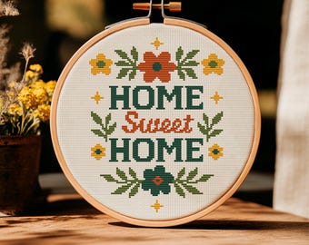 Rustic Home Sweet Home Sampler – Modern Floral Cross Stitch Pattern PDF, Cozy Quote Hoop Art, Country Style Embroidery Design