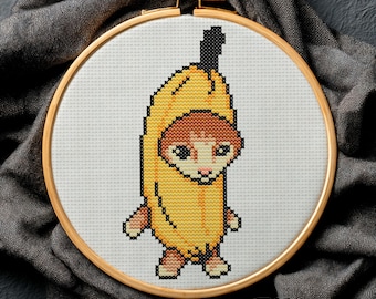 Banana Cat Existential Crisis – Viral Meme Cross Stitch Pattern, Funny Cat in Banana Costume, Internet Humor Design, Cute Kawaii PDF