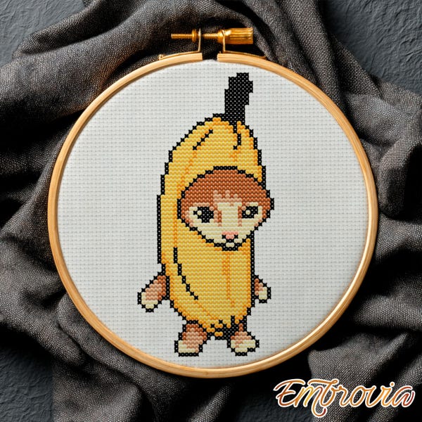 Banana Cat Existential Crisis – Viral Meme Cross Stitch Pattern, Funny Cat in Banana Costume, Internet Humor Design, Cute Kawaii PDF