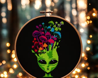 Psy-Alien Bloom: Fungal Mind Cross Stitch Pattern – Trippy Alien PDF, Vibrant Mushroom Art, Fantasy Psychedelic Embroidery, Instant Download