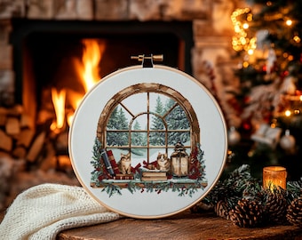Patrón de punto de cruz "Gatos invernales junto a la ventana". Una puntada navideña conmovedora, perfecta para la decoración de temporada y para hacer regalos.