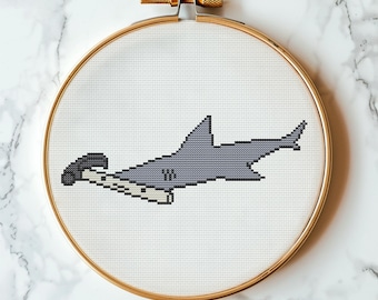 Literal Hammerhead. Cheeky sea-pun cross stitch pattern • 105×38 stitches • instant PDF chart for bathroom, beach house and nautical decor