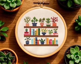 Bookshelf Garden Delight – Cross Stitch Pattern PDF, Colorful Books and Potted Plants for Cozy Reading Nook or Botanical Decor