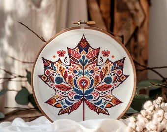 Ornamental Maple Leaf Cross Stitch Pattern – Detailed Autumn Embroidery Design with Folk Art Motifs, Boho Fall Decor for Modern Stitching