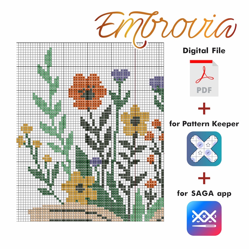 May include: A digital cross-stitch pattern featuring a floral design with orange, yellow, and purple flowers, and green foliage. The image includes the text "Embrovia" and icons for PDF, Pattern Keeper, and SAGA app.