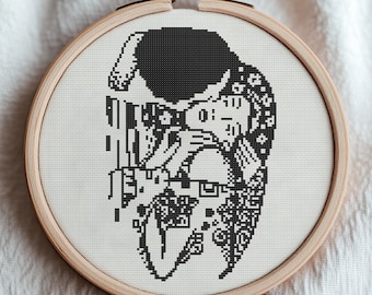 The Kiss Gustav Klimt Pattern. Minimalist black and white cross stitch, iconic art — elegant design for modern and classic interiors alike.
