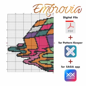 May include: A digital cross-stitch pattern with a colorful abstract design in shades of pink, orange, teal, and purple. The image includes the text "Embrovia" and icons for a PDF file, Pattern Keeper, and SAGA app.