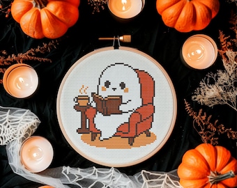 Cozy Ghost Reading Cross Stitch Pattern – Cute Animal Embroidery Chart with Book, Coffee and Armchair for Book Lovers and Relax Decor