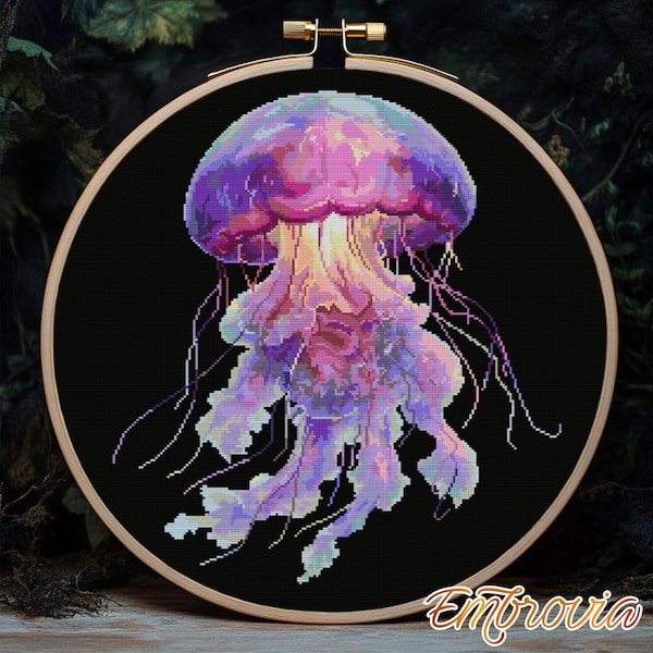 Celestial Jellyfish Glow Colorful  Stitch Pattern – Dreamy Ocean Creature Embroidery PDF for Coastal Decor, Watercolor Marine Art Needlework