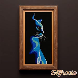 May include: A framed cross-stitch art piece featuring a stylized blue cat silhouette against a black background. The cat's form is rendered in shades of blue and white, with a wooden frame. The artwork is signed with the text "Embrovia".