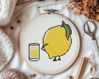 Cheeky Lemon Cross Stitch Pattern – Funny Citrus Design with Drink Glass, Modern PDF Chart for Easy DIY Embroidery