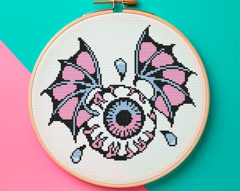 Gothic Bat Wing Eyeball Cross Stitch Pattern PDF | Pastel Pink Blue Horror Art | Instant Download Creepy Cute Embroidery DIY Decor