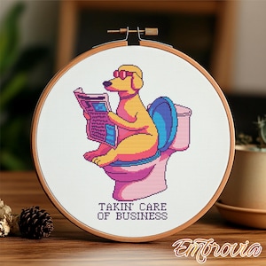 May include: A yellow dog wearing sunglasses sits on a pink toilet and reads a newspaper. The text on the image reads "Takin' Care of Business".