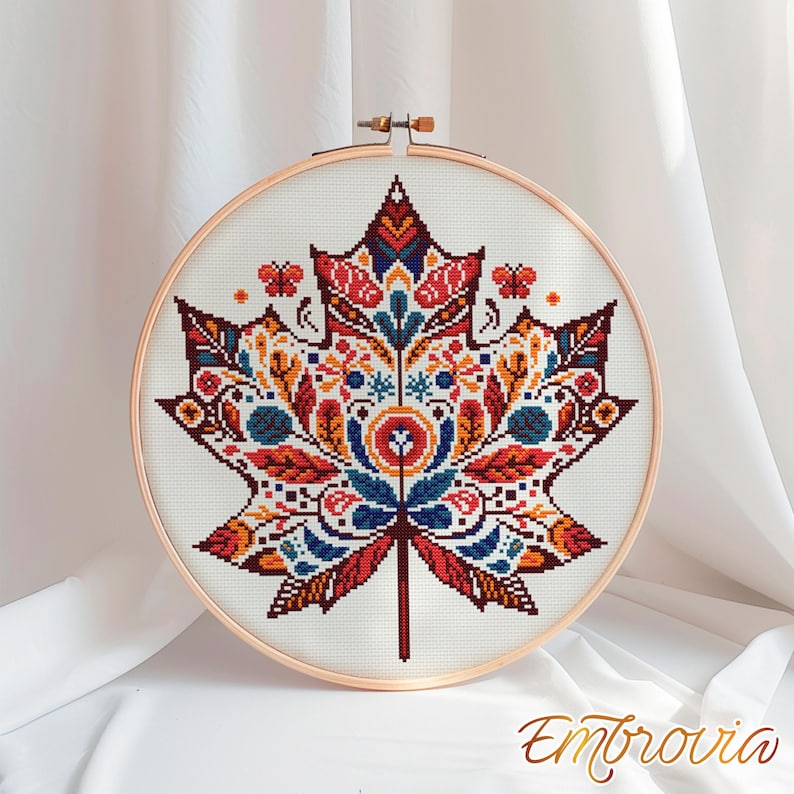 Ornamental Maple Leaf Cross Stitch Pattern – Detailed Autumn Embroidery ...