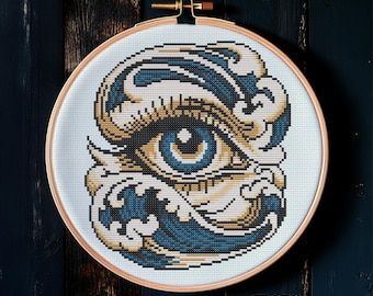 Ocean Eye Cross Stitch Pattern: Surreal Sea Embroidery Design (PDF Download