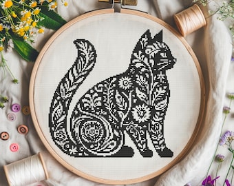 Floral Cat Silhouette Cross Stitch Pattern – Elegant Blackwork Inspired Embroidery Design for Cat Lovers and Modern Home Decor Projects