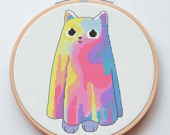 Rainbow Ghost Cat Cross Stitch Pattern – Cute Pastel Kitty Embroidery Chart, Kawaii Halloween or Everyday Stitching Project