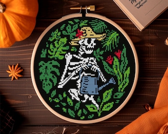 Skeleton Gardener Funny Cross Stitch Pattern with Skeleton in Garden – Spooky Cottagecore Vibes, Halloween Botanical Decor, Instant DIY, PDF