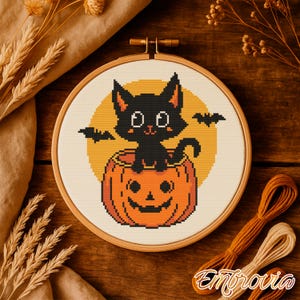 Pumpkin Cat Parade Cross Stitch Pattern – Cute Black Cat in Jack-o&#39;-Lantern with Bats and Moon, Spooky Autumn PDF for Easy DIY Decor