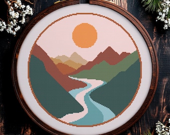 Mountains Landscape Cross Stitch Pattern, Sunset Embroidery (Digital Download)