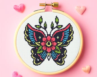 Schema punto croce "Flower Bloom Butterfly" – Scarica PDF con accenti floreali e colori vivaci per una moderna decorazione murale