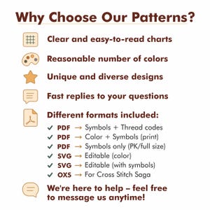 May include: A graphic with text that reads "Why Choose Our Patterns?" and lists features like clear charts, diverse designs, and fast replies. It also details included formats: PDF, SVG, and OXS.