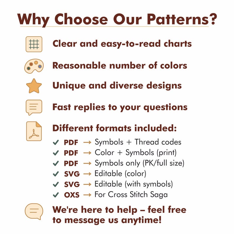 May include: A graphic with text that reads "Why Choose Our Patterns?" and lists features like clear charts, diverse designs, and fast replies. It also details included formats: PDF, SVG, and OXS.