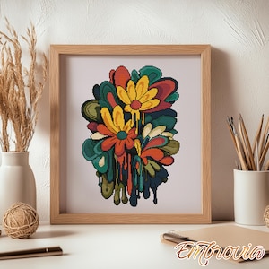 Flores multicolores en acuarela, composición vegetal: patrón floral moderno de punto de cruz, bordado botánico abstracto colorido (PDF)