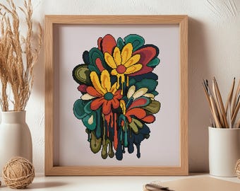 Watercolor Multicolor Flowers, Plant Composition – Modern Floral Cross Stitch Pattern, Colorful Abstract Botanical Embroidery PDF
