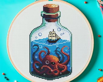 Bottled Kraken — fantasy nautical cross stitch pattern with ship, octopus and ocean waves • instant downloadable PDF