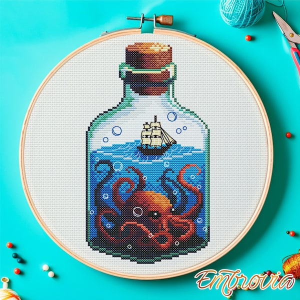Bottled Kraken — fantasy nautical cross stitch pattern with ship, octopus and ocean waves • instant downloadable PDF
