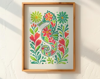 Floral Seahorse Cross Stitch Pattern – Colorful Ocean Inspired Embroidery Chart with Flowers and Sea Life Motifs for Unique Home Decor