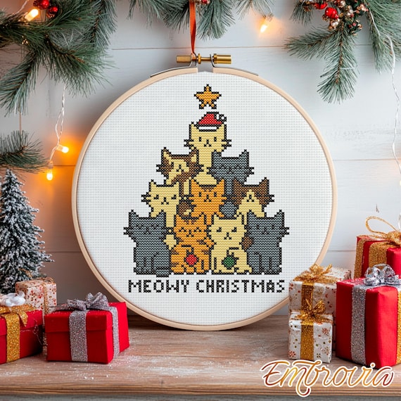 ネコ科のクリスマスツリーのクロスステッチパターン - 刺繍愛好家や 