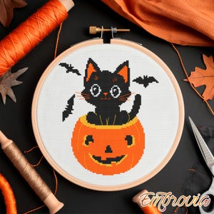 Black Cat in Pumpkin Cross Stitch Pattern – Cute Halloween PDF, Beginner Friendly, Instant Download, Easy Autumn Embroidery Chart