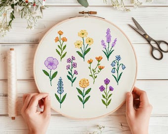 Wildflower Garden Set – Botanical Cross Stitch Pattern Collection | Colorful Modern Floral Sampler PDF for DIY Home Decor or Gift Embroidery
