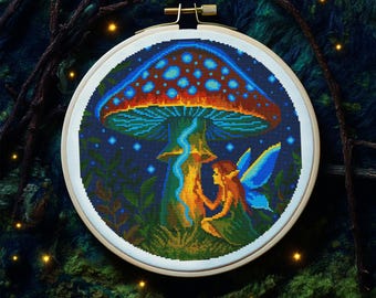 Fairylight Grove Cross Stitch – Enchanted Forest Pattern with Glowing Mushroom and Forest Fairy – Fantasy Night Stitching PDF