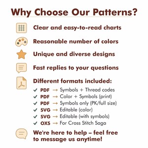 May include: A graphic with text that reads "Why Choose Our Patterns?" and lists features like clear charts, diverse designs, and fast replies. It also details included formats: PDF, SVG, and OXS.
