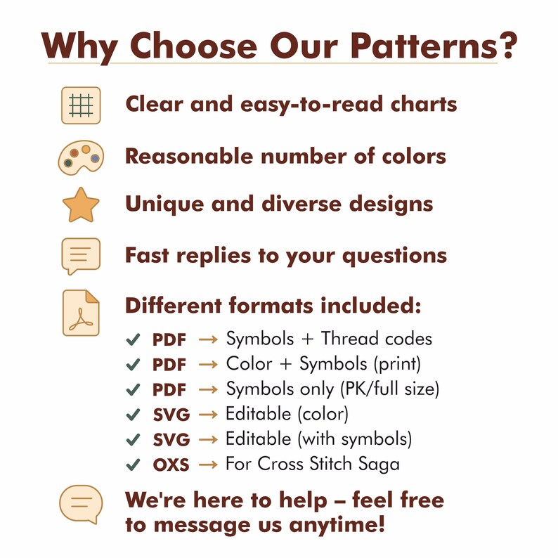 May include: A graphic with text that reads "Why Choose Our Patterns?" and lists features like clear charts, diverse designs, and fast replies. It also details included formats: PDF, SVG, and OXS.