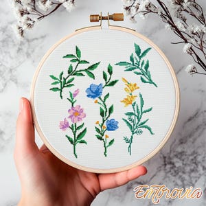 Kruissteekpatroon wilde bloemen – pdf met botanische bloemenborduurwerk, proefontwerp moderne tuin, kleurrijke afdrukbare borduurpatronen