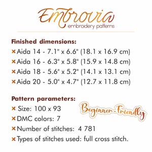 May include: Image of an embroidery pattern details page. The logo reads "Embrovia embroidery patterns." Finished dimensions are listed in inches and centimeters. Pattern parameters include size, DMC colors, number of stitches, and stitch type. The text "Beginner-Friendly" is also present.