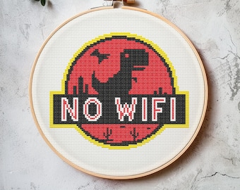 No WiFi Dino Badge. Retro dino park emblem cross stitch pattern • 83×70 stitches • instant PDF chart for cabins, camping rooms, geek decor