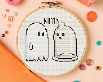 Boo… What? Funny ghost duo cross stitch pattern • 80×67 stitches • instant PDF for Halloween decor and playful spooky humor