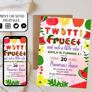 Two-tti Frutti Birthday Invitation, Two-tti Frutti 2nd Birthday Invite, Fruit Party Invitation, Two-tti Frutti Invites, Canva Template