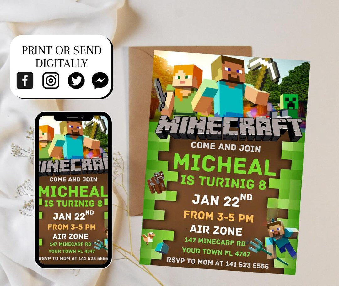 Editable Minecraft Birthday Invitation Minecraft Party Invite Gamer ...
