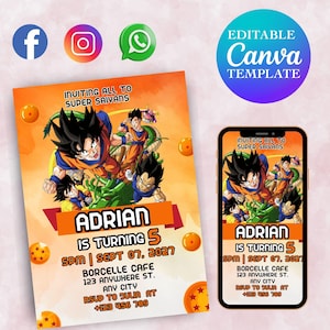 Editable Dragon Ball Z Birthday Invitation, Goku Anime Party Invite for Boys, Printable Dragon Ball Digital Kids Party Template, Boys Invite