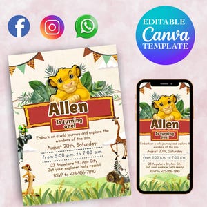 Editable Lion King Birthday Invitation Template, Birthday Party Invitation, Printable Party Invite, Editable Invitation Lion King Printable