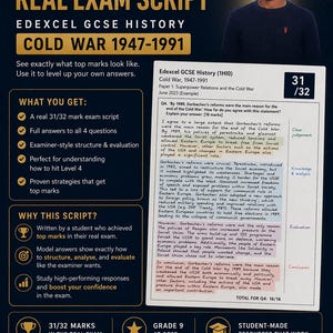 Może przedstawiać: Przewodnik do nauki historii GCSE Edexcel, Zimna Wojna 1947-1991, z egzaminem na 31/32 punkty. Obraz zawiera ucznia i tekst podkreślający kluczowe elementy.