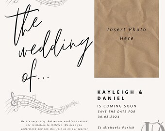 May include: Wedding invitation design with elegant script text, musical notes, and a space for a photo. The text reads "The wedding of..." and includes details for Kayleigh & Daniel, with a save-the-date for 30.08.2024.