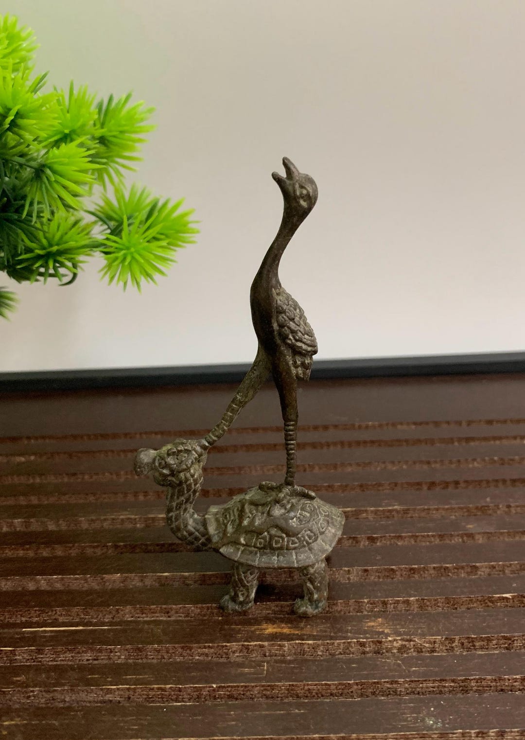Vintage Bronze Carved Tortoise and Crane Statue, Fengshui Statue